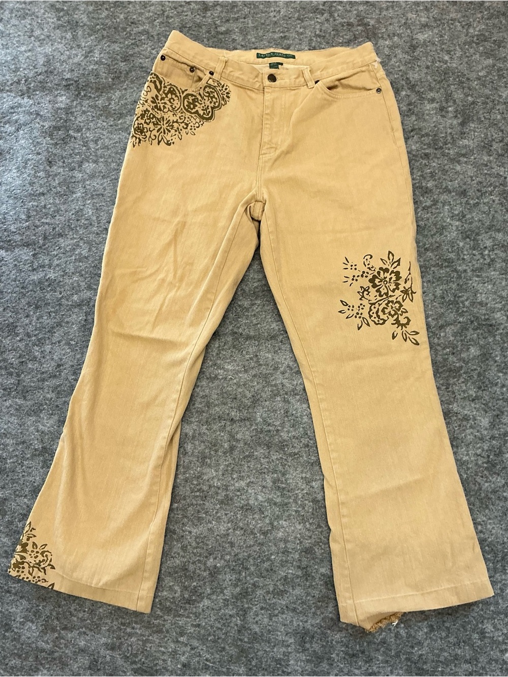 Ralph Lauren Tan Flare Jeans with Brown Floral Details Size 10 - Picture 1 of 4